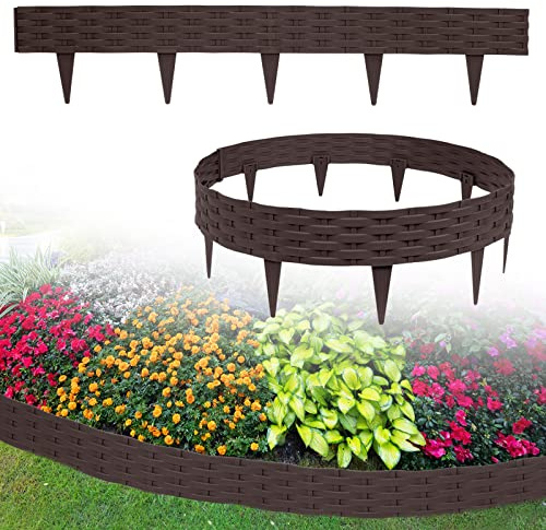 UISEBRT Borde de plástico para césped de 10 m, cercado para jardín, bordes con aspecto de ratán, piedras decorativas, border de flores, palisada, color marrón