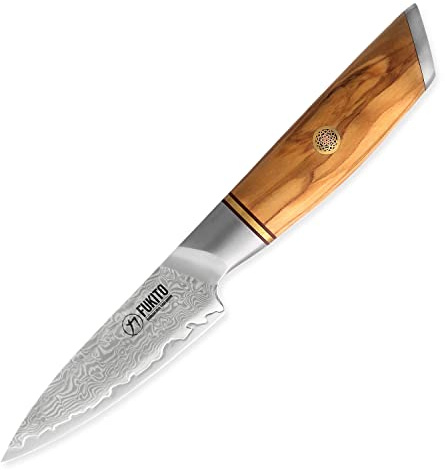 Fukito - Couteau d'Office Olive Damas Design Japonais Lame Damassée 9cm Manche Bois d'Olivier - Vendu dans un Coffret Cadeau