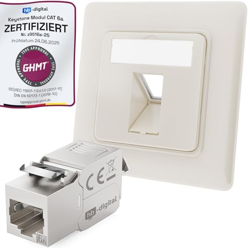 hb-digital CAT 6a Netzwerkdose unterputz 1-Port RAL9010 reinweiß + 1x CAT 6a Keystone RJ45 Modul LAN Ethernet Keystone Dose Buchse Einbaubuchse für CAT 5e CAT 6 CAT 6a 500MHz 10 Gbit/s STP