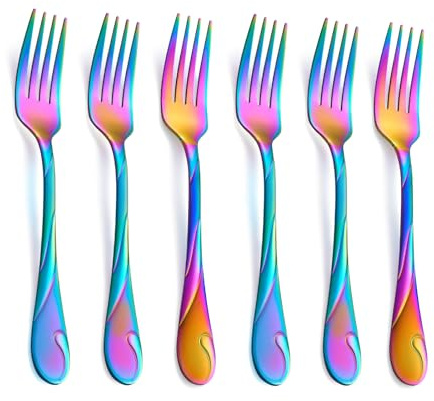 Seeshine Lot de 6 fourchettes à salade arc-en-ciel en acier inoxydable de 17,5 cm, petites fourchettes à gâteau en métal brillant arc-en-ciel, passe au lave-vaisselle