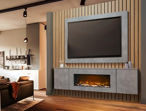 Acantha Orion Electric Floating Media Wall Suite/Fireplace & TV Backboard, Concrete Effect