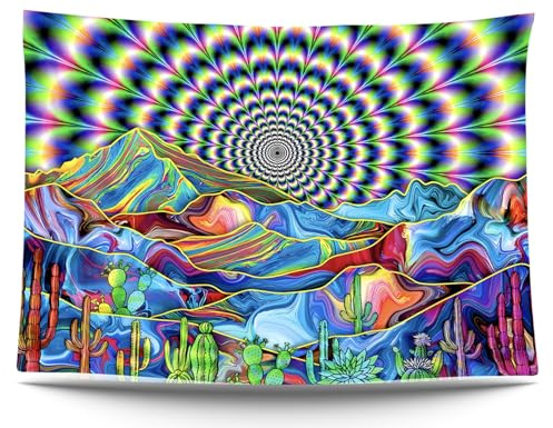 Ulticool – Berge Kaktus Sonne - Glow in the Dark Wandteppich - Schwarzlicht under UV Reaktive Bright Black Neon Light - Blacklight Psychedelisch im Dunkeln Leuchtende Wandtuch - 200 x 150 cm