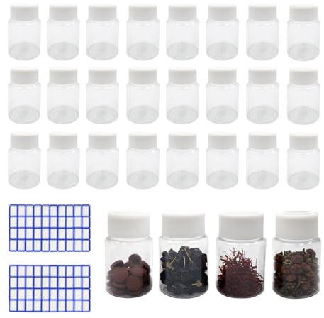 BuxiuGK 30 Stück 30ML Leer Transparent Probenflaschen zum Befüllen mit Weiß Deckel Schraubverschluss und 2 Blatt Etiketten(80 Stück) Tragbare Wiederverwendbare für Kosmetik Camping Reisen