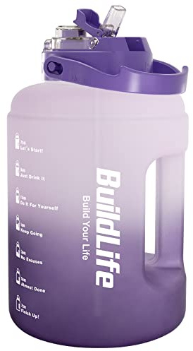 BuildLife Borraccia sportiva, 2,5 l, a prova di perdite, con indicatore del tempo, con coperchio 2 in 1, senza BPA, per palestra (viola, 2500 ML)