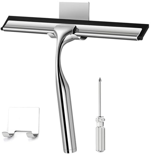Multi-Purpose Shower Squeegee, Stainless Steel Window Squeegee Cleaner with Strong Suction Hook for Window, Glass, Shower Door, Car, Heavy Duty Window Scrubber,10 Inch