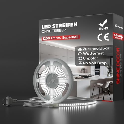 Shine Decor LED Streifen 2m, AC 220V 230V IP65 Wasserdicht LED Band, SMD 2835 120 leds/m Ultrahohe Helligkeit Lichtleiste für Küche Garten LED Beleuchtung (2M, Kaltes Weiß, CE Zertifiziert)