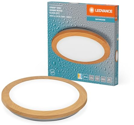 LEDVANCE ORBIS Disc Wand-/Deckenleuchte mit LED, Holzdekor, 22W, 1800lm, 3000/4000K, via Wandschalter mit Click CCT einstellbar, 30cm Durchmesser, IP44 Schutz für Badezimmer, Schrauben/Dübel inklusive