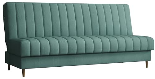 MEBLE-LUX Schlafsofa mit Bettkasten 195 cm Breit Klara, 3 Sitzer Sofa mit Schlaffunktion, Schlafcouch mit Stauraum, Klappsofa Federkern, Einfacher Klappmechanismus, Klappsofa Mintgrün