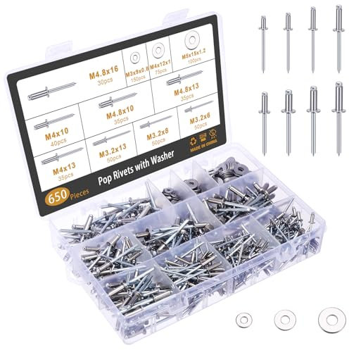 Gueenky 650 Pezzi Rivetti in Acciaio Inox, 3,2/4/4,8 mm Rivetti Pop Rivetti Ciechi con Rondelle, 6 Dimensioni Set di Rivetti a Strappo per Giunzione di Piastre Metalliche Arredamento Automotive