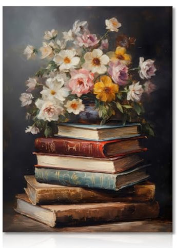 Dazzlewall Vintage Blumen Wandbilder Moody Blumen Bücher Leinwand Bilder Ölgemälde Poster Dark Academia Ästhetische Dekoration für Schlafzimmer 30×40 cm Ungerahmt