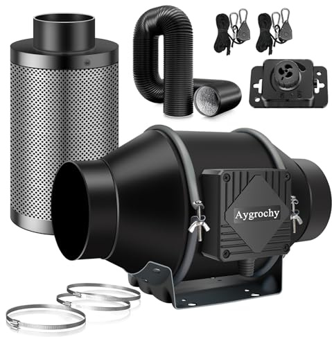 Aygrochy 100mm Abluftset, Drehstrom Ec Motor Rohrventilator Komplettset, Lüftungsset mit Drehzahlregler, Aktivkohlenfilter, Belüftungssystem für Growzelt, Growbox, Gewächshaus, Hydroponik
