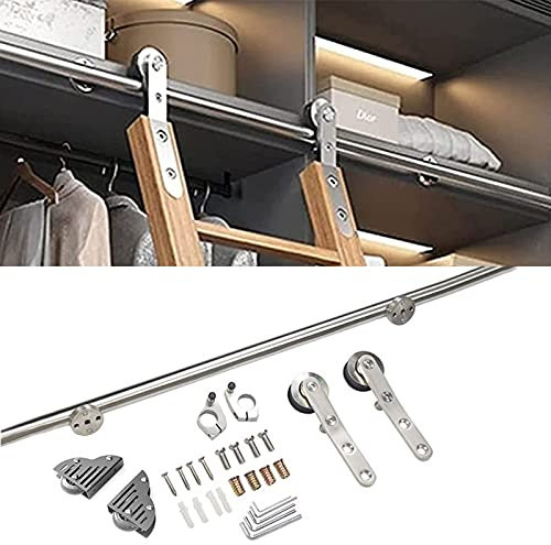 CuNtoHHH 6,6-13 Fuß Schiebeleiter-Bibliothek, komplettes Hardware-Rollschienenset (ohne Leiter), Edelstahl-Rundrohr, mobiles Leiterschienenset (100 cm Verlängerungsschiene) für Zuhause/drinnen/auf de