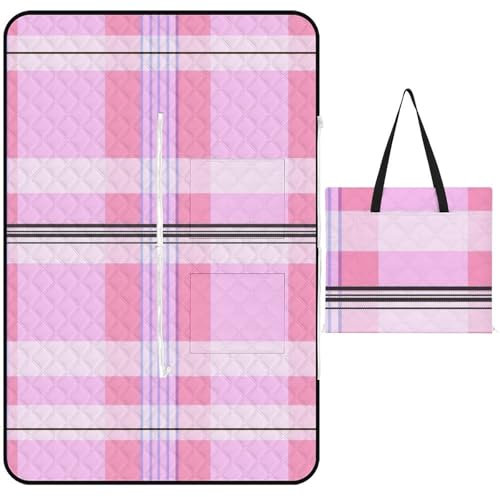 Hearda Karierter Druck Faltbar Picknickdecke, Sandfrei Picknickdecke Wasserdicht Isoliert, Outdoor Groß Klein Maschinenwaschbar Strandmatte, für Picknick, Strand Camping Teppich (Rosa,150x150cm)