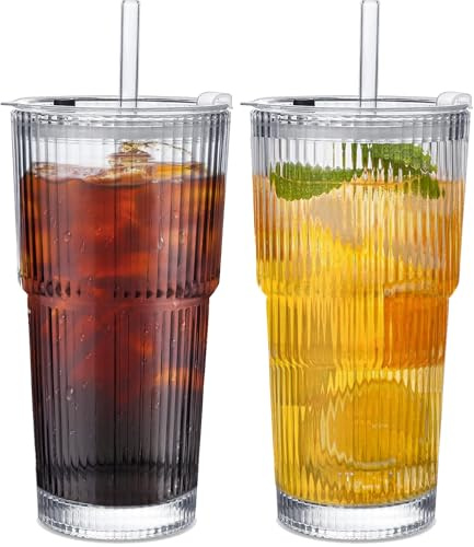 TempFoo Iced Coffee Cup, 2PC 600ML Glass Smoothie Matcha Boba Cups | Ice Bubble Tea Tumblers with Lids and Straws, Reusable Travel Drink Milkshake Ribbed Glasses Clear