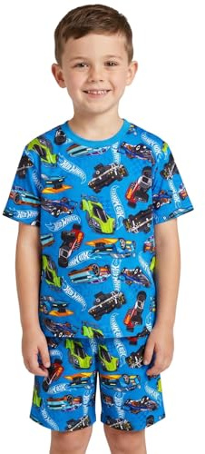 Hot Wheels Pigiama corto da bambino, abbigliamento estivo da bambino, maglietta e pantaloncini blu con stampa auto da corsa, dai 3 ai 10 anni, Blu, 6-7 Years