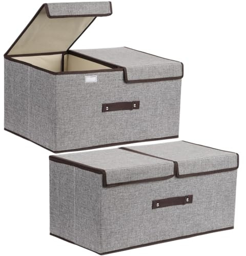 Juego de 2 cubos de almacenamiento plegables grandes de color gris con tapas, organizadores de tela de lino de 20 pulgadas con compartimentos para ropa, mantas y organización del hogar