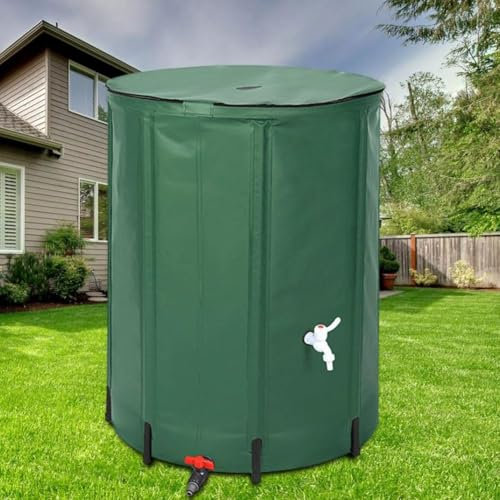 SAYEYBU Foldable Rain Barrel, Collapsible Water Collection Storage Tank, Sturdy Weather Resistant PVC Rain Container Bucket with Drain Valve Filter Mesh Overflow for Garden Plant Watering,Green,250L