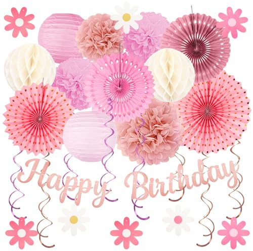 Pink Birthday Party-Decorations - 29pcs Beige Rose Gold Party Decorations for Women Girls, Happy Birthday Banner Paper Daisy Flower Streamers Lanterns Tissue Pom Poms - ZERODECO