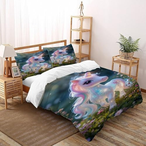 SHOVERKD Unicorn Flowerbed Bedding Set Theme Bedspread Animal Theme Wildlife Duvet Cover Set Chic Breathable Quilt Cover Universal for All Seasons Pillowcase Double（200x200cm）