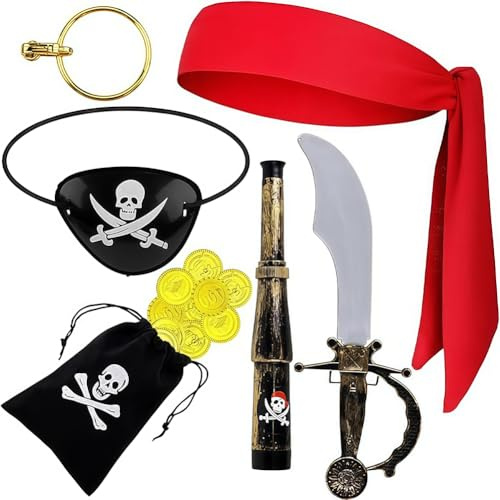 7 Stück Piraten Zubehör Sätze for Erwachsene Kinder, Piraten Zubehör Kinder, Piratenschwert Kids, Pirate Fernrohr Kinder Augenklappe Pirate Kopftuch Captain Accessories Bandana Verkleidung kostüm
