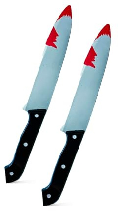 2 Pack Halloween Fake Knife Prop, Realistic Bloody Knives Machete Cleaver & Pitchfork Party Supplies Tricksters Horror Prank Toy Fancy Dress Up Costume Party Accessory (Bloody Knife (2 Pack))