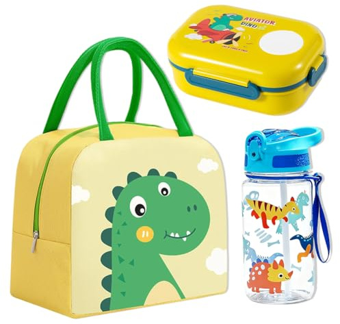 Vexthorion Capybara Lunch Bag Set 3 Pcs, Bento Box & Leak Proof Water Bottle with Straw for Adults,Insulated Thermal Food Carrier Bag for Office School Picnics, Leak-Proof BPA Free Brown (Dinosaur-1)