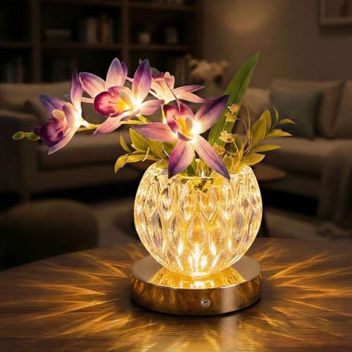 Lampada da Tavolo Fiore, Lampada Fiore Orchidea con Vaso di Cristallo, Lampada da Scrivania Touch Senza Fili, 3 Colori di Attenuazione e Ricaricabile, Piccola Luce Notturna per Camera da Letto Casa