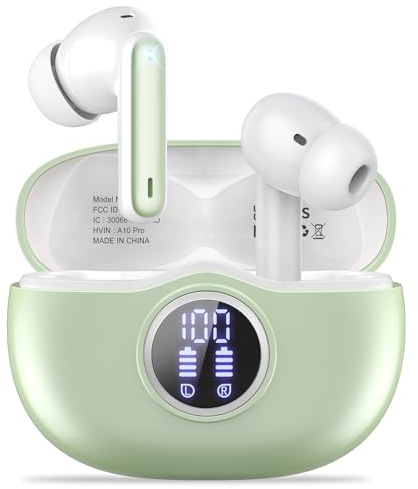Fhumsh A10 Pro Wireless Earbuds, Bluetooth 5.3 Headphones HiFi Stereo 50H Playback LED Digital Display Ear Buds with ENC Noise Canceling Headset, IPX7 Waterproof Earphones for Running, Light purple