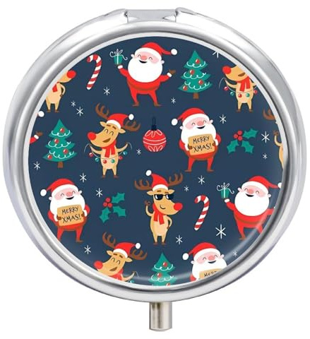 Pilulier rond de Noël avec motif Père Noël, portable à 3 compartiments, exquis pilulier en métal avec fermeture à pression, boîte de rangement pour tablette, sac à main, poche, voyage et utilisation