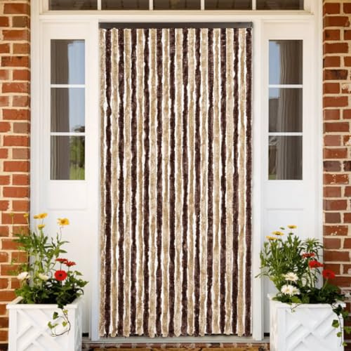 sephironlbb Fliegenvorhang Chenille 100x230 cm Beige Hellbraun mit Haken, geräuscharm, verstellbar für Balkontür, Terrassentür, Schlafzimmer, Küche, ohne Bohren, selbstklebend
