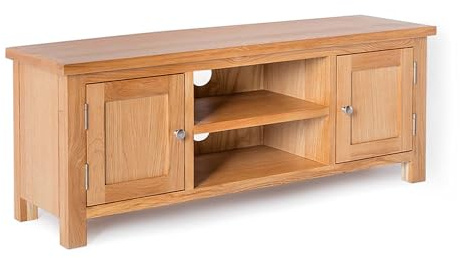 RoselandFurniture London Oak Large TV Unit | 120 cm Solid Wood Light Oak Television Cabinet Stand Suitable for TVs up to 54 inches for Living Room or Bedroom, Fully Assembled