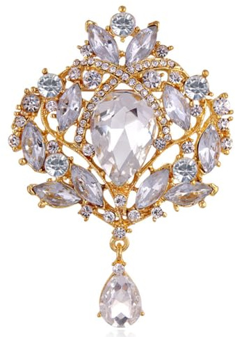 Reizteko Broche de ramo de diamantes de imitación de cristal para mujer (cristal dorado), Diamantes de imitación, plateado