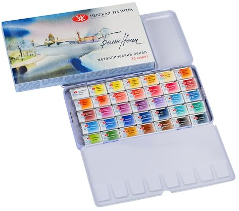White Nights russische Künstler-Aquarellfarben im Set, 35 Farben in ganzen Näpfchen im hellblauen Metallkasten, hohe Brillanz und Leuchtkraft, Bunt