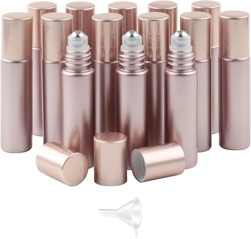 Pxyelec 14 Pack 10ml Rose Gold Glass Roller Ball Bottles for Essential Oils, Perfume, Aromatherapy & Skincare, Refillable Travel Roller Bottles with Stainless Steel Balls, Include Funnel