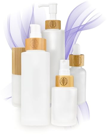 Set aus Sprühflasche 30 ml & Pumpspender 100 ml Matt-Glas zum Befüllen, 4 Stück mit Bambus-Verschluss und Gravur für DIY-Naturkosmetik, Sprayflaschen und Cremespender
