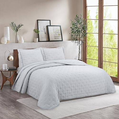 Colcha Boutí Cama 150 (250x270) Lisa con Diseño Elegante – Exterior Algodón/Poliéster e Interior 100% Algodón – Acolchado Ligero para Primavera y Verano – Incluye 2 Fundas Almohada (50x70) (Maldivas)