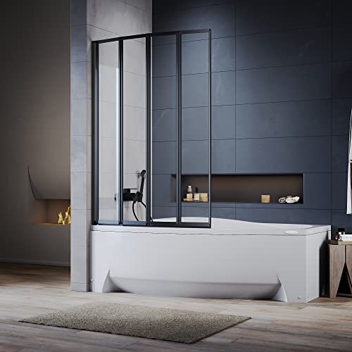 ELEGANT Black 4 Panel Folding Bath Shower Screen,800mm Over Bath Shower Screen Door Toughened Safety Clear Glass Bathtub Door Pivot Swing Panel