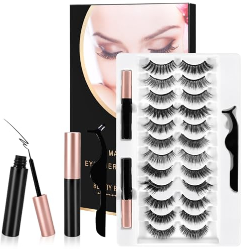 AOUVT 12 Paaren 3D Falsche Wimpern mit 2 Tuben Eyeliner und 1 Pinzette, Magnetische Wimpern, Natürlich Magnet Wimpern Set, Wiederverwendbare Magnetic Eyelashes, Wasserfestes, Langanhaltendes Make-up