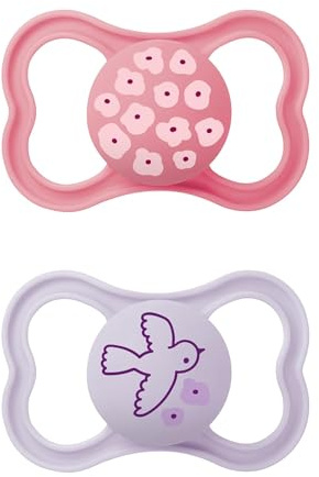 MAM Supreme Schnuller im 2er-Set, Baby Schnuller für eine gesunde Zahn- und Kieferentwicklung, beugt Hautreizungen vor, mit Schnullerbox, 16+ Monate, Blumen/Vogel