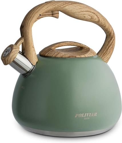 POLIVIAR Stove Top Kettle- Gas Stovetop Kettle 2.7 L- Audible Whistling Kettle- Food Grade Stainless Steel for AntiRust and Anti Hot Handle- Suitable for All Heat Sources (Green)