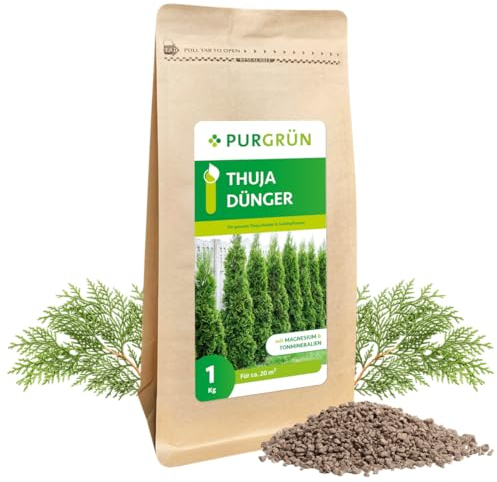 Purgrün® Thuja-Dünger 1 kg – Extra Magnesium schützt vor Nadelverfärbungen – Fördert schnelles Wachstum für eine dichte Hecke – Tonmineralien für einen gesunden Boden – Granulat für ca. 25 Pflanzen