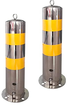 POECE Security Bollards 2pcs Parking Post Removable Security Bollards Silver and Yellow Parking Barrier Stainless Steel Bollard for Parking Areas