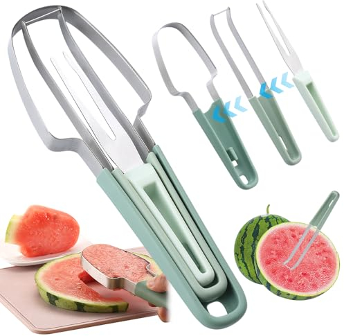 HOVCEH Cortador Fruta, Tenedor de frutas de acero inoxidable, Inoxidable 3 en 1 y Tenedor para Cortar Frutas, Cortador de Tenedor de Sandía de Acero