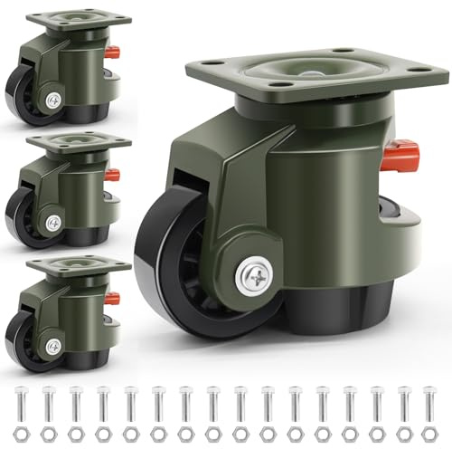EMBOWLIFE Leveling Casters Wheels, Heavy Duty Casters Wheels with Ratchet Arm 6600 LBS, Green Retractable Casters Set of 4, Nylon Wheels & Leveling Feet, Suitable for Equipment, Machine