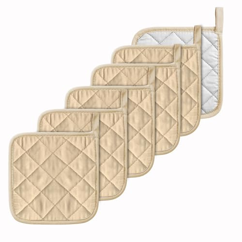 Lifaith Lot de 6 maniques basiques pour la cuisine et la pâtisserie - Résistants à la chaleur - 100 % coton - Beige