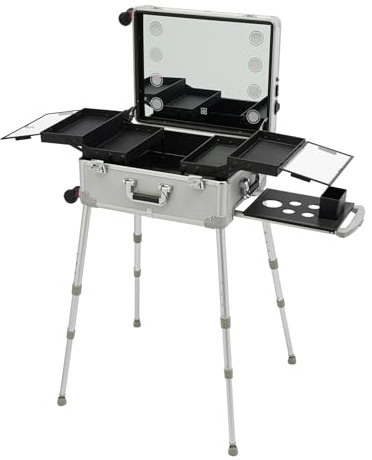 VonVVer Kosmetikkoffer Trolley mit 8 Beleuchtung - Kosmetikkoffer Groß mit Spiegel Make up Koffer Verstellbare Beinhöhe Schminkkoffer mit Rollen Friseurkoffer (Silber)
