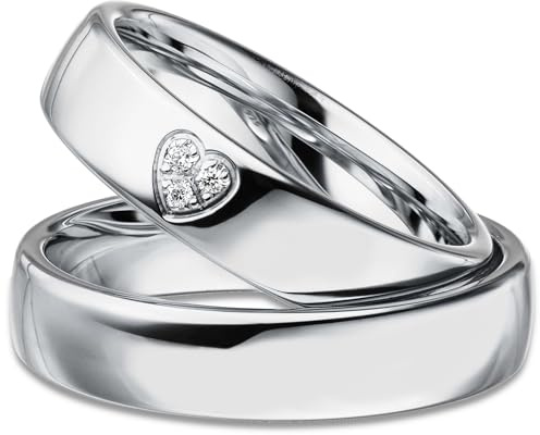 Kolibri Rings Eheringe Set Silber 925 mit 3 Zirkonia in Herz-Form Verschnittfassung | Partnerringe, Trauringe Paarpreis Made In Germany | Inkl. Gratis Gravur + Etui