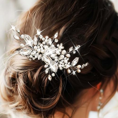 Unicra Silber Strass Hochzeit Haar Kamm Perle Haarteil Blume Kristall Braut Haar Zubehör für Frauen und Mädchen (Silber, Freie Größe)