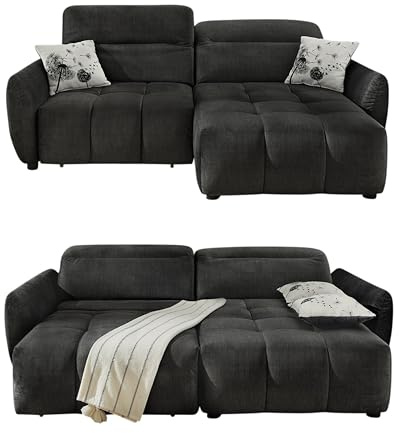 Ecksofa B260/T191/H106 cm, elektrische Sitztiefenverstellung 60 cm ausfahrbar, Kopflehnen höhenverstellbar, USB-A u.USB-C Ladefunktion, Ottomane beidseitig montierbar,Velours Anthrazit Schwarz / 15406