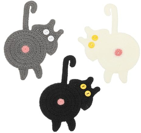 PATIKIL 3 sottobicchieri a forma di gatto, 15 cm, simpatici sottobicchieri all'uncinetto, divertenti per scrivania per adulti, decorazione per la casa, bevande, regali, caffè, nero, bianco, grigio